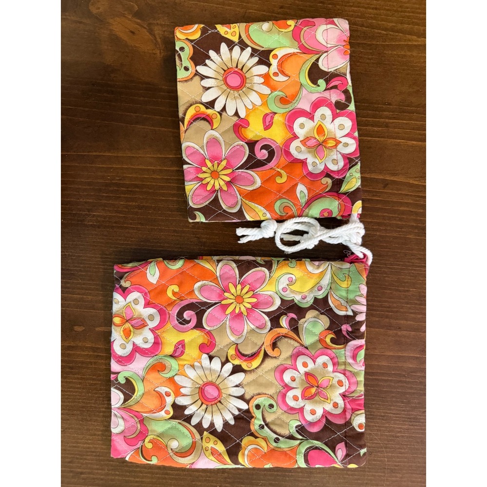 Quilted Floral Paisley Drawstring Pouch Set Retro Pink Orange Green 2pc Bag